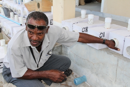 Principal Public Health Officer in the Ministry of Health’s Environmental Health Services Division Mr. Anthony Webbe inspects the bait stations before being placed throughout Charlestown