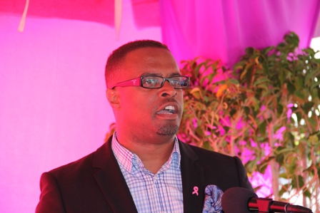Minister of Health in the Nevis Island Administration Hon. Mark Brantley delivering remarks at the opening ceremony for Chemotherapy Treatment in Nevis under the theme “Together it is Possible”. The event was at the Alexandra Hospital grounds on February 08, 2013