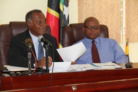 (L-R) Premier of Nevis Hon. Vance Amory and Permanent Secretary in the Ministry of Finance in the Nevis Island Administration Mr. Laurie Lawrence during the press briefing at the Government’s conference room in Charlestown