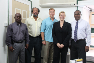 (L-R) Permanent Secretary in the Premier’s Ministry Wakely Daniel, Director of the Nevis Disaster Management Department Lester Blackett, representatives from the US Southern Command based in Florida Sgt. Zachary Broz and Maj. Laura Miller and Premier of Nevis and Minister responsible for Disaster Management Hon. Vance Amory at his Bath Plain Office on July 11, 2014
