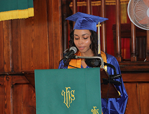 Brianna Brantley, Valedictorian of the Charlestown Secondary School Graduating Class of 2014 delivers her parting speech at the schools graduation ceremony at the Charlestown Methodist Church on November 12, 2014