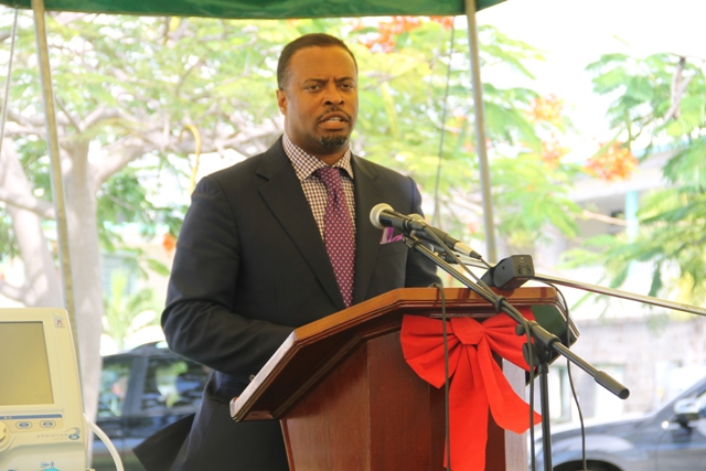 Deputy Premier of Nevis and Minister of Health Hon. Mark Brantley at a handing over ceremony by the St. Christopher and Nevis Social Security Board at the Alexandra Hospital on December 19, 2014