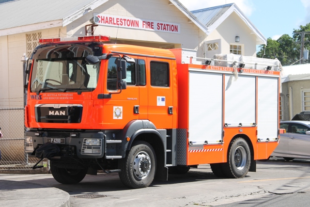 The new fire tender funded by the 10th European Development Fund project and the Government of St. Kitts and Nevis at the Charlestown Fire Station on December 17, 2014