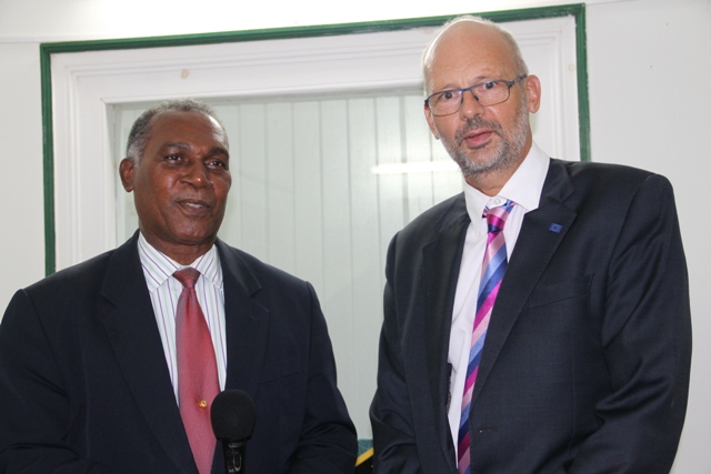 : (L-R) Premier of Nevis Hon. Vance Amory and Ambassador Head of Delegation of the European Union to Barbados and the Eastern Caribbean His Excellency Mikael Barfod at the Premier’s Bath Hotel Office on May 26, 2015