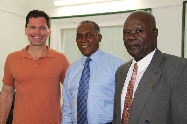 (L-R) Mr. Grier Martin of the North Carolina House of Representatives, 34th District, Premier of Nevis Hon. Vance Amory and President of the Nevis Island Assembly Hon. Farrel Smithen following a meeting at the Nevis Island Administration‘s offices at Bath Hotel on March 08, 2016
