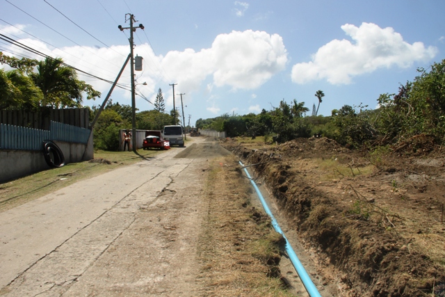 Laying upgraded water pipes at upper Shaws Road on February 06, 2017, part of the Ministry of Communications and Works in the Nevis Island Administration’s Shaws Road Improvement Project
