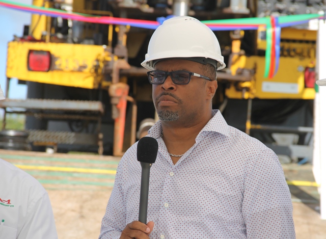 Acting Premier of Nevis Hon. Mark Brantley delivering remarks at a ribbon cutting ceremony at Hamilton Estate on November 22, 2017 to signal the start of a test well