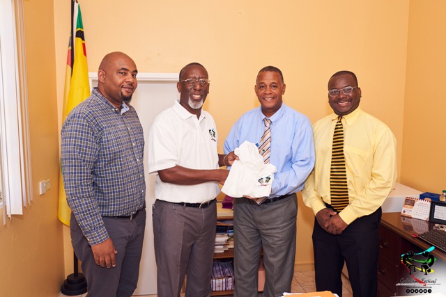 Members of the Nevis Culturama Committee pay a courtesy call on Hon. Eric Evelyn, Minister of Culture at his office on January 24, 2018. (L-r) Mr. Huey Sargeant, Chairman of Marketing and Promotion on the Nevis Culturama Committee, Mr. Antonio “Abonaty” Liburd, Executive Director and Chairman of the Nevis Culturama Committee, Hon. Eric Evelyn, Minister of Culture and Mr. Keith Glasgow, Permanent Secretary in the Ministry of Social Development and Culture and Chairman of the Committee’s Senior Kaiso Contest