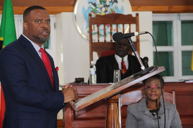 Premier of Nevis Hon. Mark Brantley delivering a statement at the Nevis Island Assembly on April 24, 2018 with Hon. Farrell Smithen, President of the Assembly and Ms. Myra Williams, Clerk of the Assembly looking on