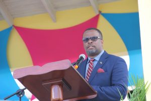 Hon. Mark Brantley, Premier of Nevis and Minister of Tourism delivering remarks at the opening of the Artisan Village on May 24, 2018 at Pinney’s Estate