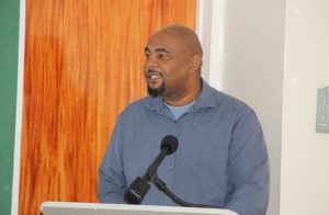 Mr. Huey Sargeant, Permanent Secretary in the Ministry of Agriculture delivering remarks at the opening ceremony of the Essential Oils Workshop hosted by the Small Business Enterprise Unit in the Ministry of Finance on Nevis on May 09, 2018, at the Credit Union Conference Room