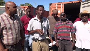 (l-r) Permanent Secretary in the Ministry of Agriculture and Fisheries Mr. Huey Sargeant, Fisheries Officer Clive Wilkin, Director of the Department of Fisheries Lemuel Pemberton, fishers Mr. Lauren James, Mr. Mauricio Brown and Mr. James Merchant at Prospect on May 11, 2018