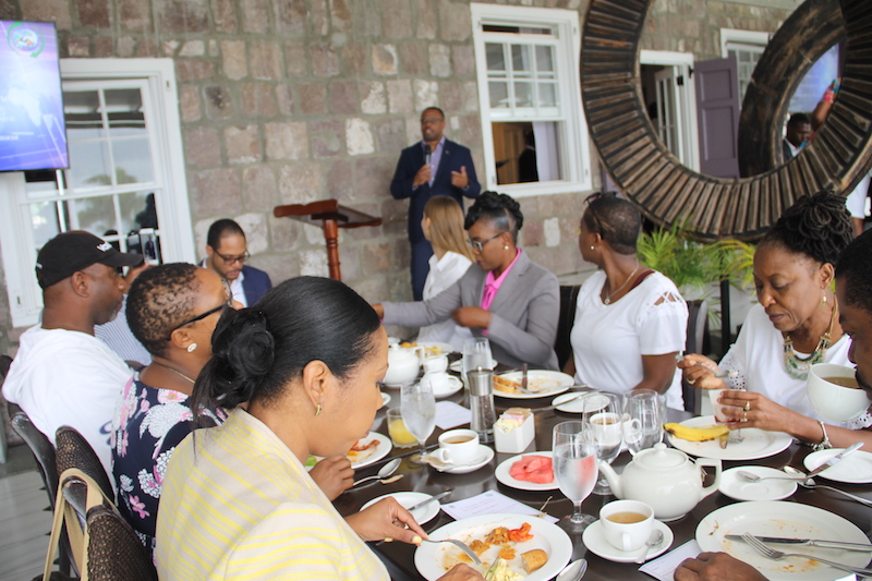 Hon. Mark Brantley, Minister of Foreign Affairs and Aviation and Premier of Nevis, addressing members of the addressing members of the St. Kitts and Nevis Diaspora at the Premier’s Business Breakfast at the Montpelier Plantation and Beach Club on Thursday, June 28, 2018
