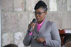 Ms. Kimone Moving, Director of the Nevis Investment Promotion Agency addressing members of the St. Kitts and Nevis Diaspora at the Premier’s Business Breakfast at the Montpelier Plantation and Beach Club on Thursday, June 28, 2018