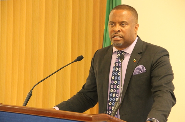 Hon. Mark Brantley, Premier of Nevis at his 5th monthly press conference at the Cabinet Room at Pinney’s Estate on June 25, 2018