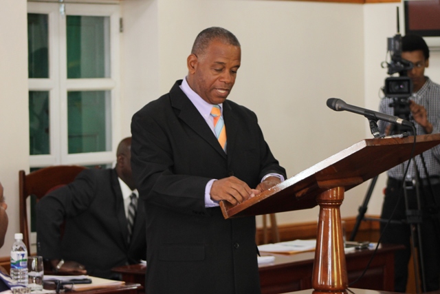 Hon. Eric Evelyn, Minister of Information and Information Services on Nevis, making his presentation at a sitting of the Nevis Island Assembly on July 03, 2018