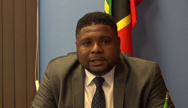 Hon. Troy Liburd Junior Minister in the Ministry of Education on Nevis delivering his address from his Pinney’s Estate office on August 30, 2018