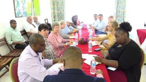 Another view of Hon. Mark Brantley, Premier of Nevis addressing hoteliers at the Oualie Beach Resort on July 31, 2018 at a monthly meeting of the St. Kitts and Nevis Hotel and Tourism Association