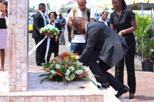 Hon. Mark Brantley, Premier of Nevis laying a wreath at the Christena Memorial on Samuel Hunkins Drive at a Memorial Service hosted by the Nevis Island Administration on August 01, 2018, commemorating the 48thanniversary of the Christena Disaster
