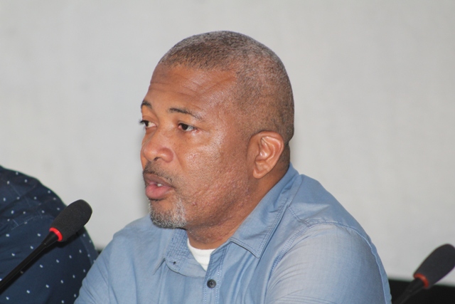 Hon. Spencer Brand, Minister of Public Works on Nevis, at a town hall meeting hosted by the Ministry of Public Works at the Albertha Payne Community Centre on October 21, 2018