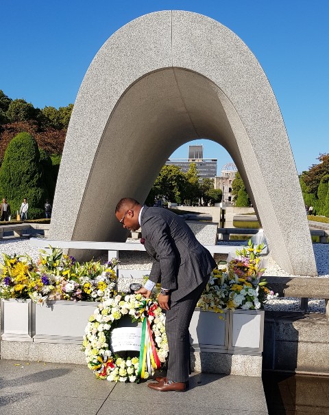 Hon. Mark Brantley, Minister of Foreign Affairs and Aviation in St. Kitts and Nevis lays a wreath at the Hiroshima Peace Memorial Park in Hiroshima City on November 03, 2018