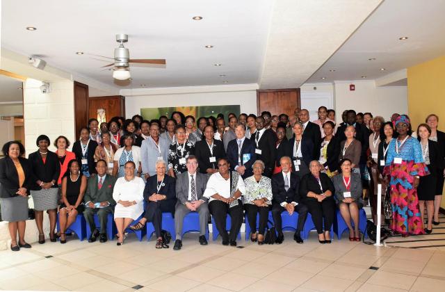 Hon. Hazel Brandy-Williams in the Nevis Island Administration (third row second from left) and other participants at the inter-parliamentary meeting for gender equality in Barbados on November 19, 2018 (seated first row, third and fourth from the right respectively) Dame Nita Barrow, founding member of the Caribbean Institute for Women in Leadership and Hon. Mia Mottley, Prime Minister of Barbados
