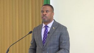 Hon. Mark Brantley, Premier of Nevis, making his presentation at his press conference at Cabinet Room at Pinney’s Estate on November 20, 2018