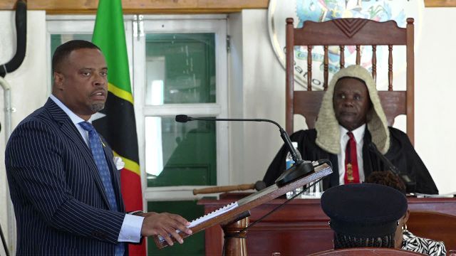 Hon. Mark Brantley, Premier of Nevis and Minister of Finance, in the Nevis Island Administration delivering the Budget Address at a sitting of the Nevis Island Assembly on December 05, 2018, while President of the Assembly Hon. Farrel Smithen looks on