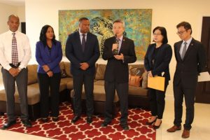 (L-r) Mr. Gary Pemberton, Administrator at the Alexandra Hospital; Mrs. Nicole Slack-Liburd, Permanent Secretary in the Ministry of Health; Hon. Mark Brantley, Premier of Nevis and Minister of Health; His Excellency Tom Lee, Resident Ambassador of the Republic of China (Taiwan) to St. Kitts and Nevis; Ms. Cynthia Hung, First Secretary at the Embassy of the Republic of China (Taiwan); and Mr. Feng-Ta Tsai of the Taiwan International Cooperation and Development Fund at a handing over ceremony at Mr. Brantley’s Pinney’s Estate office on December 04, 2018