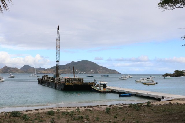 The barge from Sea Cure Marine Construction N.V on the construction site of the new water taxi pier at Oualie Bay on January 29, 2019