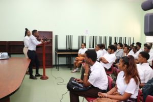Ms. Fredicia Liburd Assistant News Editor/anchor and Mr. Chevaun Walwyn Producer at the Department of Information, making presentations to students at the Nevis Sixth Form College on January 28, 2019 as part of the department’s awareness week of activities
