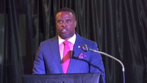 Hon. Mark Brantley, Premier of Nevis delivering remarks at the Royal St. Christopher and Nevis Police Force (Nevis Division) Constables’ Awards Ceremony and Dinner hosted by the Strategic Planning Group at the Occasions Entertainment Arcade at Pinney’s Estate on February 23, 2019