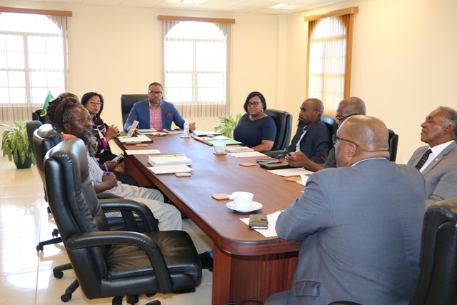 Dr. Hon. Timothy Harris; Hon. Mark Brantley, Premier of Nevis (head of the table), members of the St. Kitts and Nevis Marijuana Commission and some members of the Federal Cabinet at the Nevis Island Administration’s Cabinet Room at Pinney’s Estate on February 18, 2019