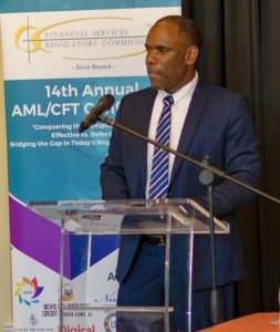 Mr. Colin Dore, Deputy Chairman, Financial Services Regulatory Commission, gives brief remarks during the Opening Ceremony of the 14th Annual AML/CFT Conference on March 11, 2019 at the Four Seasons Resort Nevis