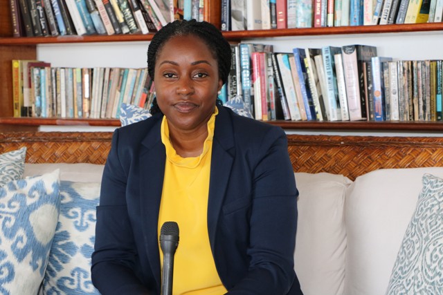 Dr. Tres-Ann Kremer, Adviser for the Caribbean Region and the Commonwealth Secretariat and Head of Good Offices for Peace, speaking to the Department of Information at the Mount Nevis Hotel on June 24, 2019