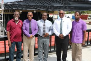 (L-r) Mr. Antonio “Abonaty” Liburd, Executive Director of the Culturama Secretariat, and Central Committee Chairman for Culturama 45; Hon. Eric Evelyn, Minister of Culture on Nevis; Mr. Keith Glasgow, Permanent Secretary in the Ministry of Culture; Mr. Jerome Rawlins, Chief Executive Officer of the Nevis Cultural Development Foundation; and Mr. Andrew Warner, Chief Executive Officer of Visual FX and Lighting Systems standing in the Culturama Lounge at the Nevis Cultural Complex on July 23, 2019
