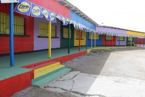 The freshly-painted vendors' booths at the Nevis Cultural Complex on July 23, 2019