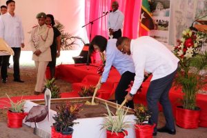 President of the Republic of China (Taiwan) Her Excellency Dr. Tsai Ing-wen and Hon. Mark. Brantley, Premier of Nevis break ground for the St. Kitts and Nevis Pinney’s Beach Park Project at Pinney’s on July 14, 2019