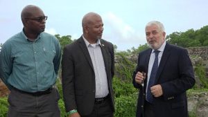 (L-r) Dr. Ernie Stapleton, Permanent Secretary in the Ministry of Environment; Hon. Spencer Brand, Minister of Environment in the Nevis Island Administration; and Mr. Magdy Martinez Soliman, Resident Representative of the UNDP in Barbados and the Organisation of Eastern Caribbean States, during a recent visit to Fort Charles in Bath Village