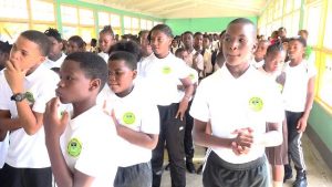 A section of students from the Gingerland Secondary School when Hon. Eric Evelyn, Minister of Youth and Area representative for the St. George’s Parish, joined them for assembly on September 13, 2019