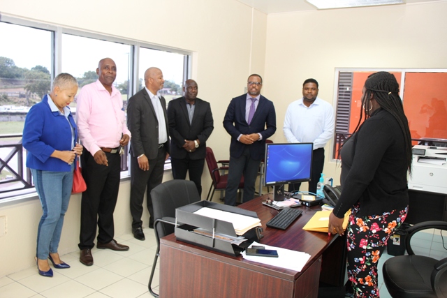 Some members of the Nevis Island Administration Cabinet (l-r) Mrs. Hélène Anne Lewis, Legal Advisor to the Nevis Island Administration; Mr. Stedmond Tross, Cabinet Secretary; Hon. Spencer Brand; Hon. Alexis Jeffers, Deputy Premier; Hon. Mark Brantley, Premier of Nevis; and Hon. Troy Liburd, moments after filing their declarations of assets at the Integrity Commission’s office in Charlestown on September 20, 2019, with Ms. Ercia Blake the commission’s Secretary
