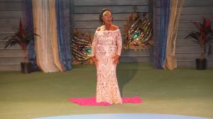 Jeanette Grell-Hull on stage in the Eveningwear segment at the Miss Nevis Senior Pageant hosted by the Ministry of Social Development through the Department of Social Services, Senior Citizens Division at the Cultural Village on October 26, 2019