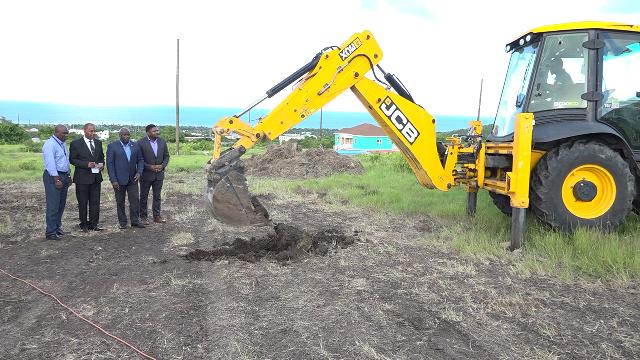 Hon. Alexis Jeffers, Deputy Premier and Minister of Lands and Housing (second from right) with (l-r) Mr. Vernel Powell, Deputy Director of the St. Christopher and Nevis Social Security Board; Hon. Eric Evelyn and Hon. Troy Liburd at the ground breaking ceremony at Lower Spring Hill on October 24, 2019, signalling the commencement of Nevis Housing and Land Development Corporation University Heights housing programme in conjunction with the St. Christopher and Nevis Social Security Board