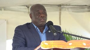 Hon. Alexis Jeffers, Minister of Lands and Housing in the Nevis Island Administration, delivering the feature address at a ceremony to mark the official commencement of the Nevis Housing and Land Development Corporation University Heights, housing programme at Lower Spring Hill on October 24, 2019, in conjunction with the St. Christopher and Nevis Social Security Board