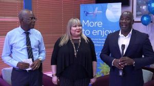 (L-r) Mr. Oral Brandy, General Manager of the Nevis Air and Sea Ports Authority, Ms. Katya Ruiz, Regional Marketing Director for Cape Air and Hon. Alexis Jeffers, Deputy Premier of Nevis at the VIP lounge at the Vance W. Amory International Airport on December 12, 2019, as he welcomes Cape Air on its return to Nevis