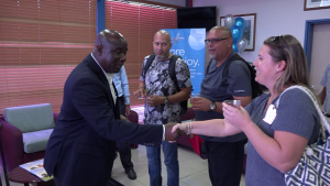 Hon. Alexis Jeffers, Deputy Premier of Nevis welcomes a delegation from Cape Air at the Vance W. Amory International Airport VIP lounge on December 12, 2019, celebrating the airline’s return to Nevis