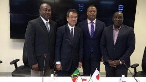 (L-r) Mr. Brian Dyer, Director of the Nevis Disaster Management Department; His Excellency Tatsua Hirayama, Japan Ambassador to St. Kitts and Nevis; Hon. Mark Brantley, Premier of Nevis; and Hon. Alexis Jeffers, Deputy Premier of Nevis and Minister of Disaster Management at the signing ceremony at the Nevis Disaster Management Department’s conference room at Long Point on December 17, 2019, for the Japan Grant Aid Project for Improving Disaster Resilience in Nevis
