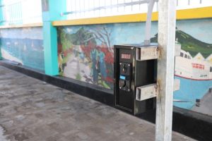 The automated box where the port fee is deposited to allow driving access to the Charlestown pier