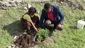 Hon. Troy Liburd, Junior Minister of Education, planting a fruit tree with a student of the St. Thomas’ Primary School at the school grounds on January 29, 2020, to launch a tree planting programme by the Ministry and Department of Agriculture on Nevis