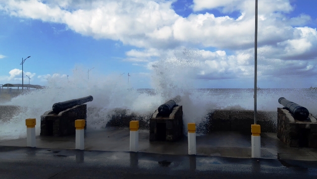 High seas overlapping the Charlestown sea wall on January 20, 2020